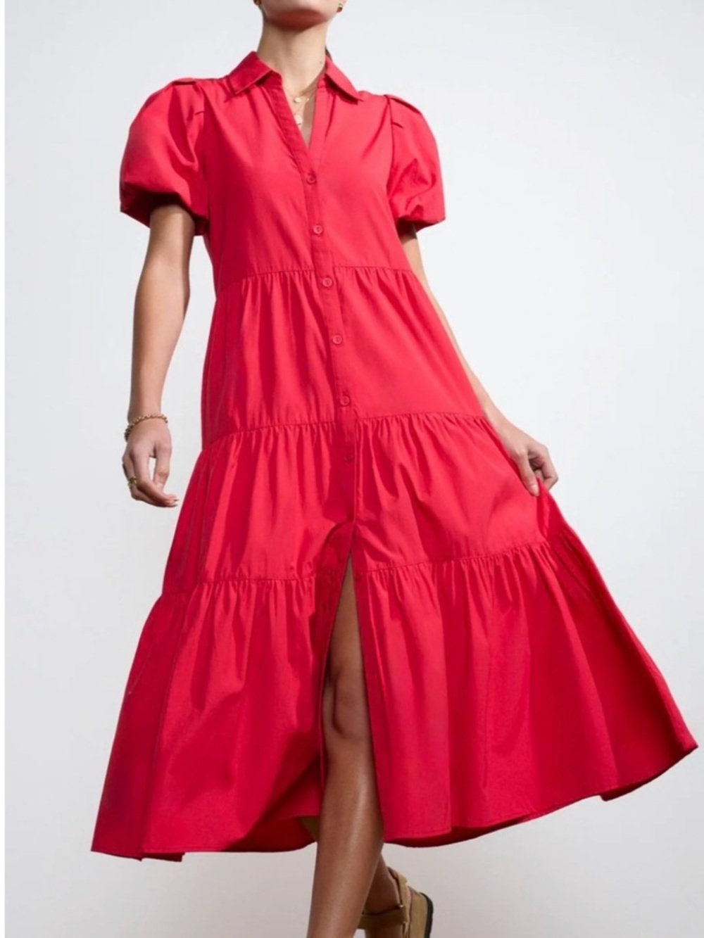 Brochu Walker Red Button-Front Tiered Midi Dress with Puff Sleeves